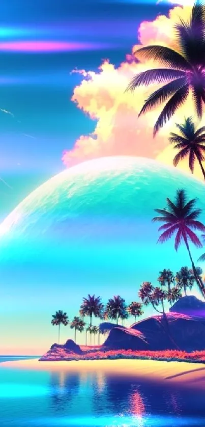 Tropical dreamscape with a cosmic touch featuring palms and vibrant colors.