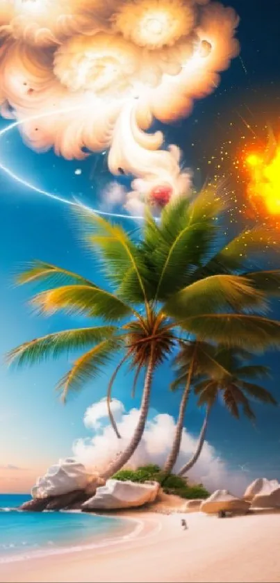 Surreal tropical beach scene with palm trees and vibrant sky.