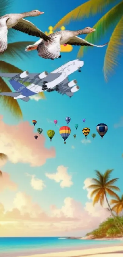 Tropical scene with palm trees, hot air balloons and clear sky.