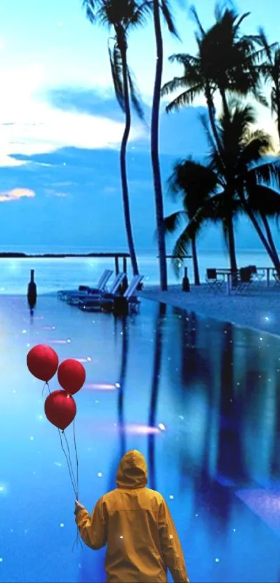 Person with red balloons by reflective ocean under palm trees at twilight.