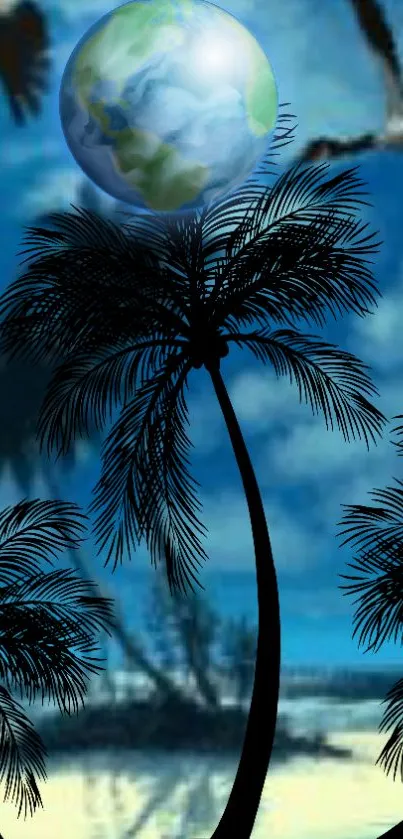 Earth and palm trees under a cosmic night sky wallpaper.