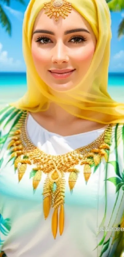 A woman in a tropical setting with vibrant attire and a serene beach background.