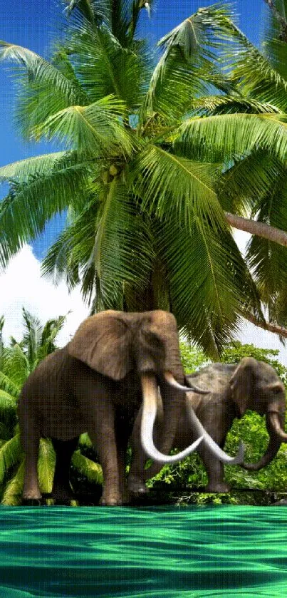 Elephants walking amongst tropical palm trees by a serene ocean.