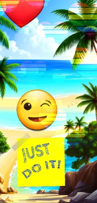 Tropical beach wallpaper with emojis and motivational text.