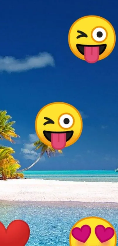 Tropical beach wallpaper with emojis and a sailboat on the horizon.