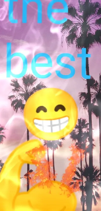 Palm trees at sunset with vibrant emoji flair.