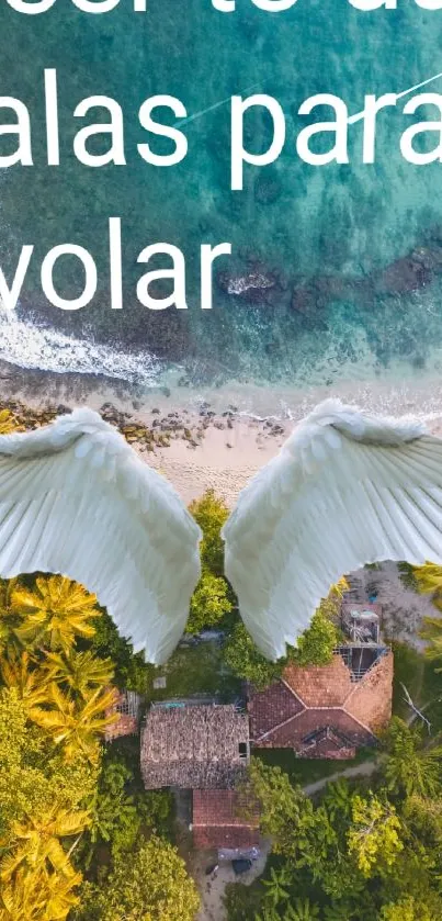 Tropical beach with wings and motivational text on wallpaper.