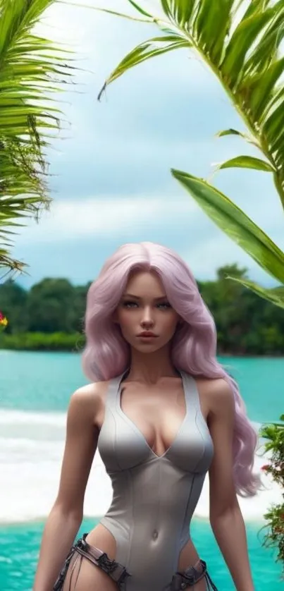 Beach scene with elegant digital character.