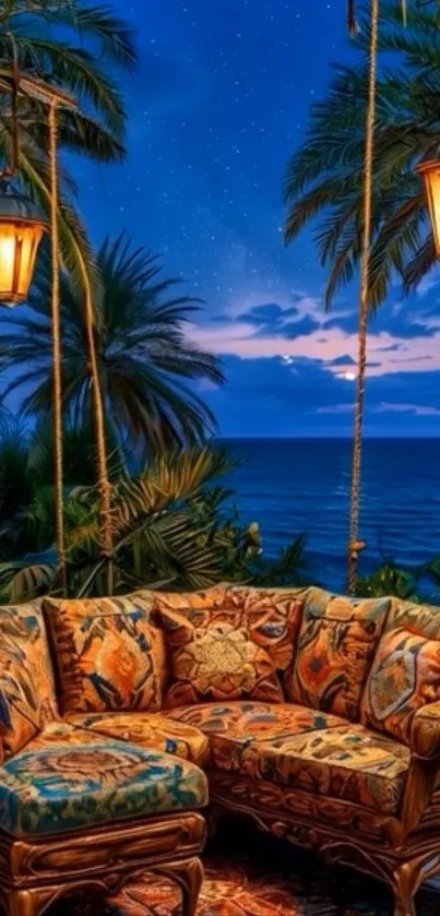 Tropical evening lounge with ocean view and palm tree setting.