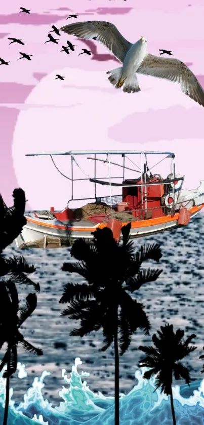 Colorful boat on ocean with birds and pink sky