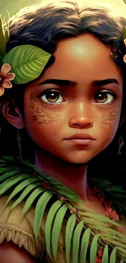 Fantasy artwork of a girl with leaves and flowers.