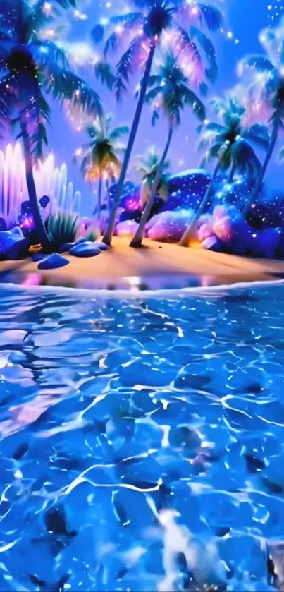 Fantasy tropical beach with colorful palm trees.