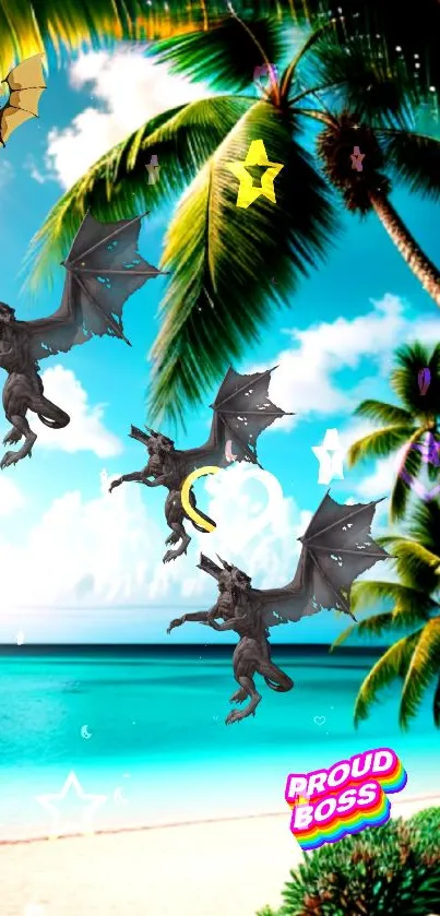 Tropical beach wallpaper with dragons and palms over blue ocean backdrop.