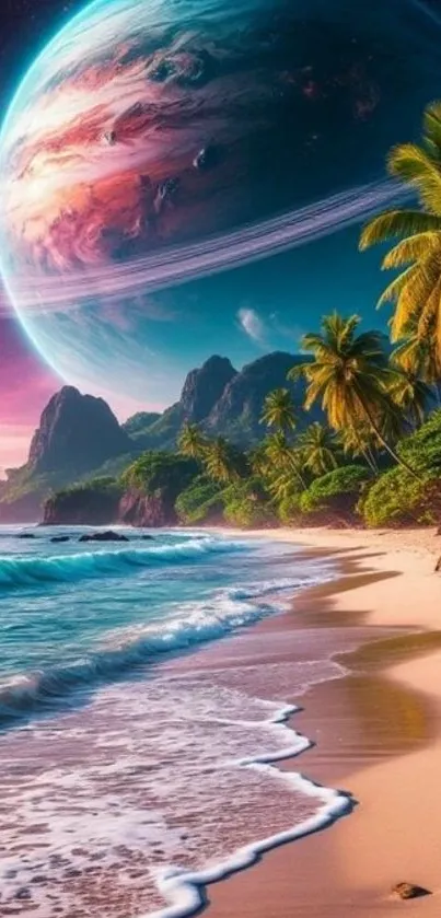 Tropical beach with planetary sky and palm trees.