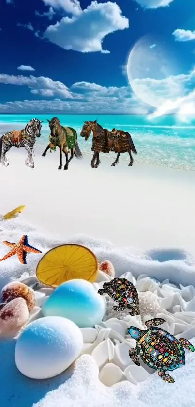 Tropical beach scene with turtles and horses on a dreamy ocean shore.