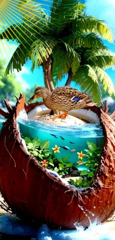 Tropical duck on coconut island with vibrant colors.