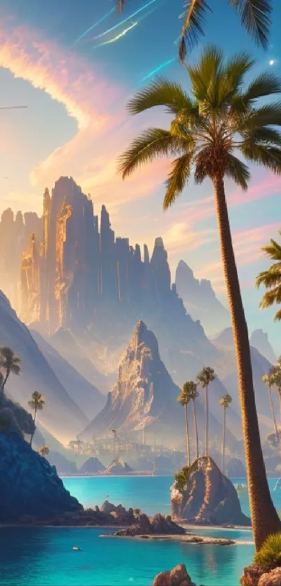Fantasy tropical island with mountains and palm trees.
