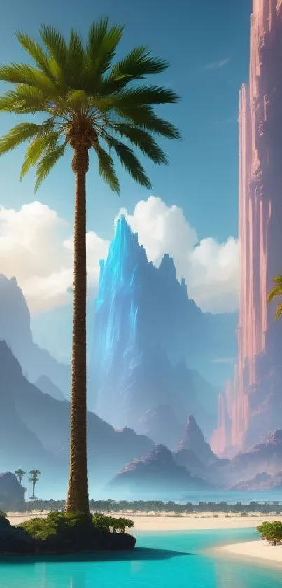 Tropical fantasy landscape with palm trees and mountains.