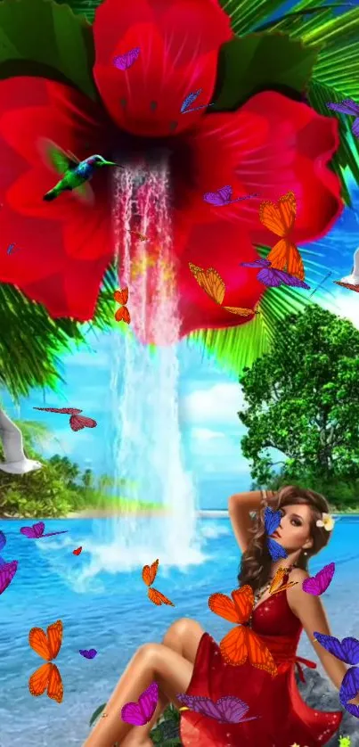 Vibrant tropical fantasy wallpaper with red flower, waterfall, butterflies, and nature scene.