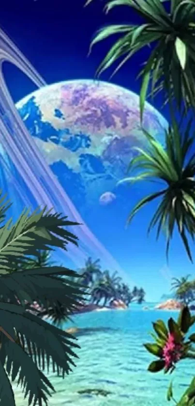 Tropical fantasy with planets and palms.