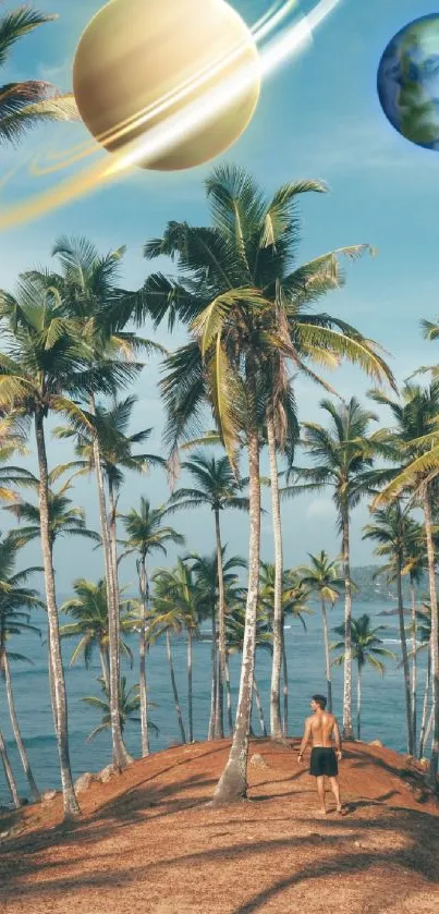 Tropical palm trees with surreal sky featuring Saturn and Earth.