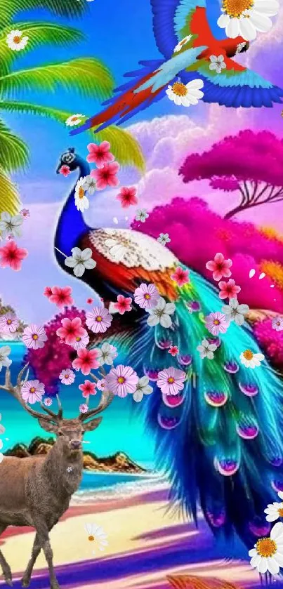 Tropical fantasy wallpaper with peacock and vibrant flowers.