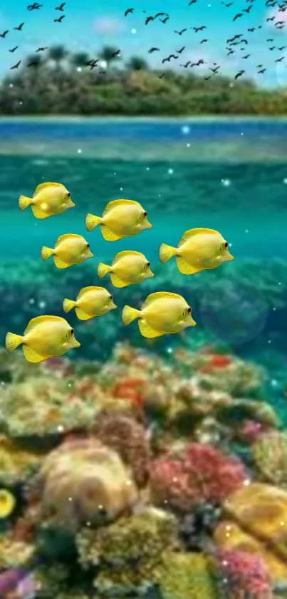 Vibrant tropical fish swim above a colorful coral reef under a cyan ocean.