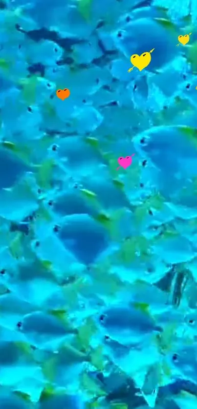 Vibrant blue fish with love hearts in a serene aquatic scene.