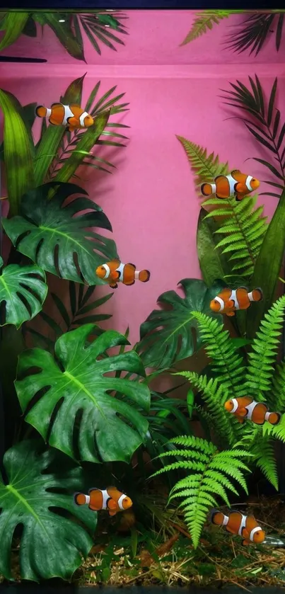 Tropical fish swim among lush green plants in an aquarium setting.