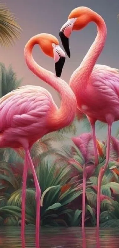 Two vivid pink flamingos in tropical setting with lush greenery.