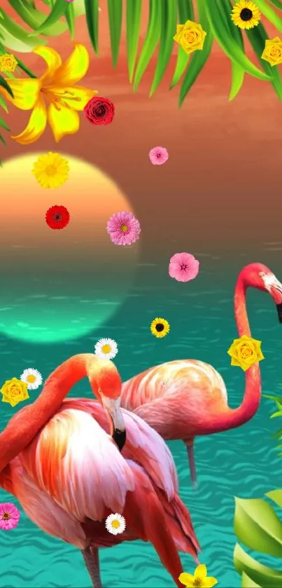 Tropical wallpaper featuring flamingos, sunset, lush leaves, and ocean waves.