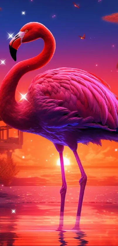 Crimson flamingo at sunset with palm trees and ocean, perfect for mobile wallpaper.