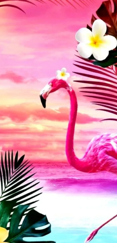 Vibrant tropical wallpaper with flamingo and sunset colors.