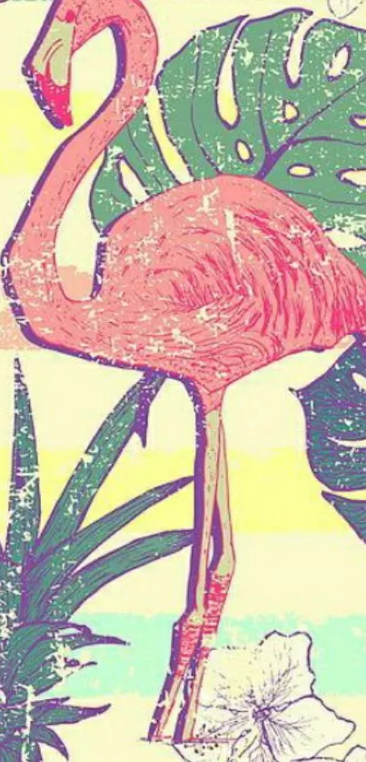 Vintage style tropical flamingo wallpaper with pink and green tones.