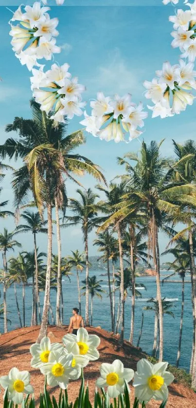 A serene tropical wallpaper with palm trees and flowers by the beach.