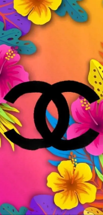 Colorful tropical wallpaper with flowers and a black logo.