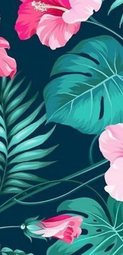 Tropical floral wallpaper with teal leaves and pink flowers.