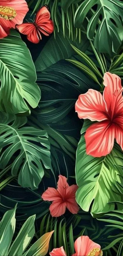 Vibrant tropical floral wallpaper with greens and reds.