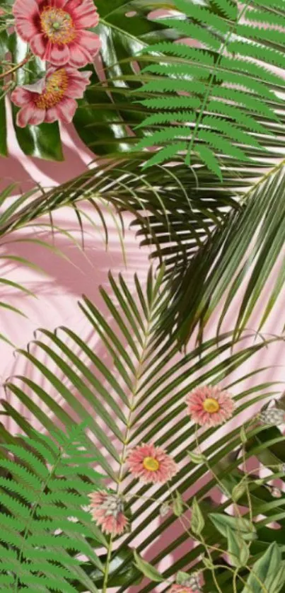 Tropical wallpaper with green leaves and pink flowers on a light background.