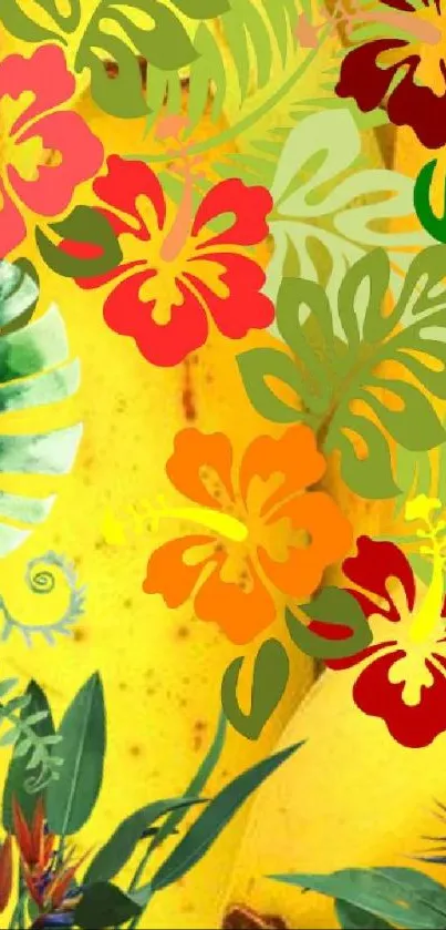 Tropical floral phone wallpaper with vibrant hibiscus and green leaves on a yellow background.