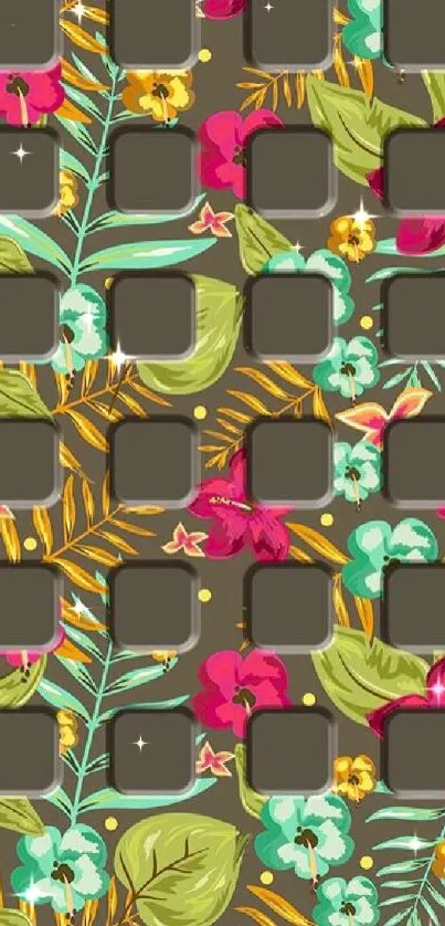 Vibrant tropical floral wallpaper with colorful leaves and flowers.