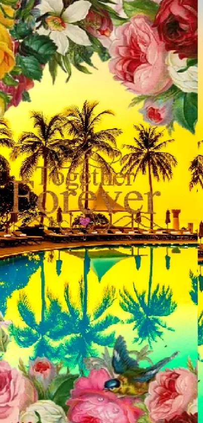 Vibrant tropical wallpaper with floral accents and palm trees reflecting in a pool at sunset.