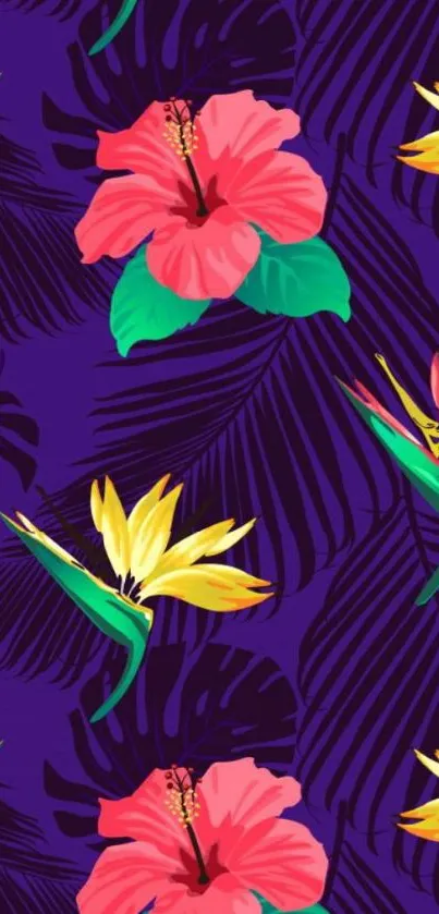 Tropical floral mobile wallpaper with vibrant purple leaves.