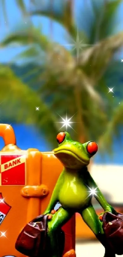 Frogs with luggage on a tropical beach with palm trees and ocean.