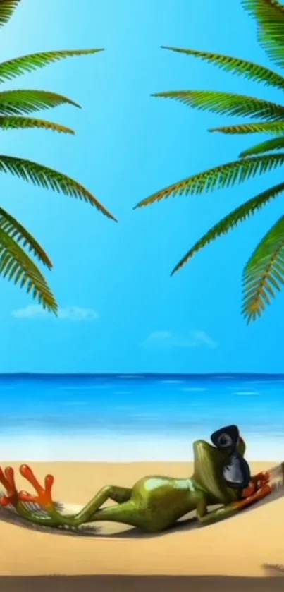 Frog lounging in hammock with palm trees and ocean view.