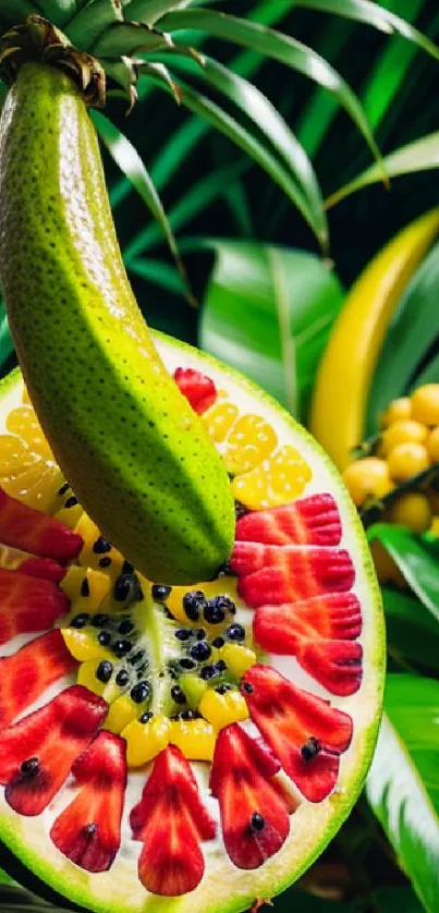 Artistic arrangement of tropical fruits with vibrant colors and lush green leaves.