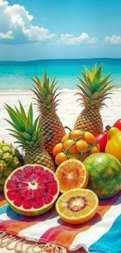 Tropical fruits on a beach towel in a sunny beach setting.