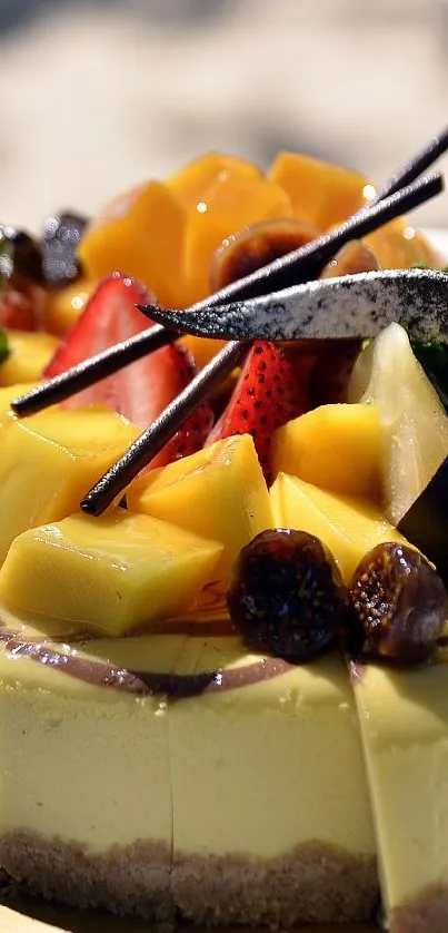 Colorful tropical fruit cheesecake with vibrant fruits.