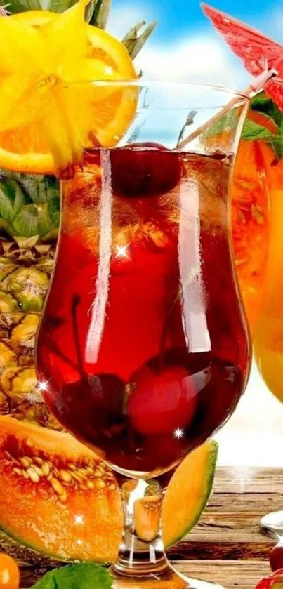 Colorful tropical fruit cocktail with exotic fruits.