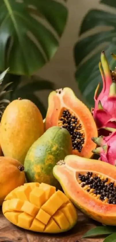 Colorful tropical fruits with vibrant foliage.